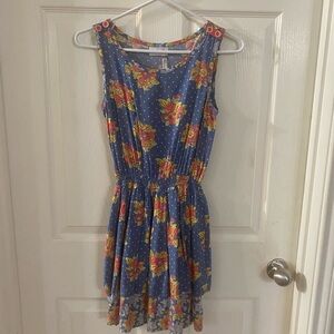 Matilda Jane Blue Floral Polka Dot Dress with Pink & Yellow Blooms